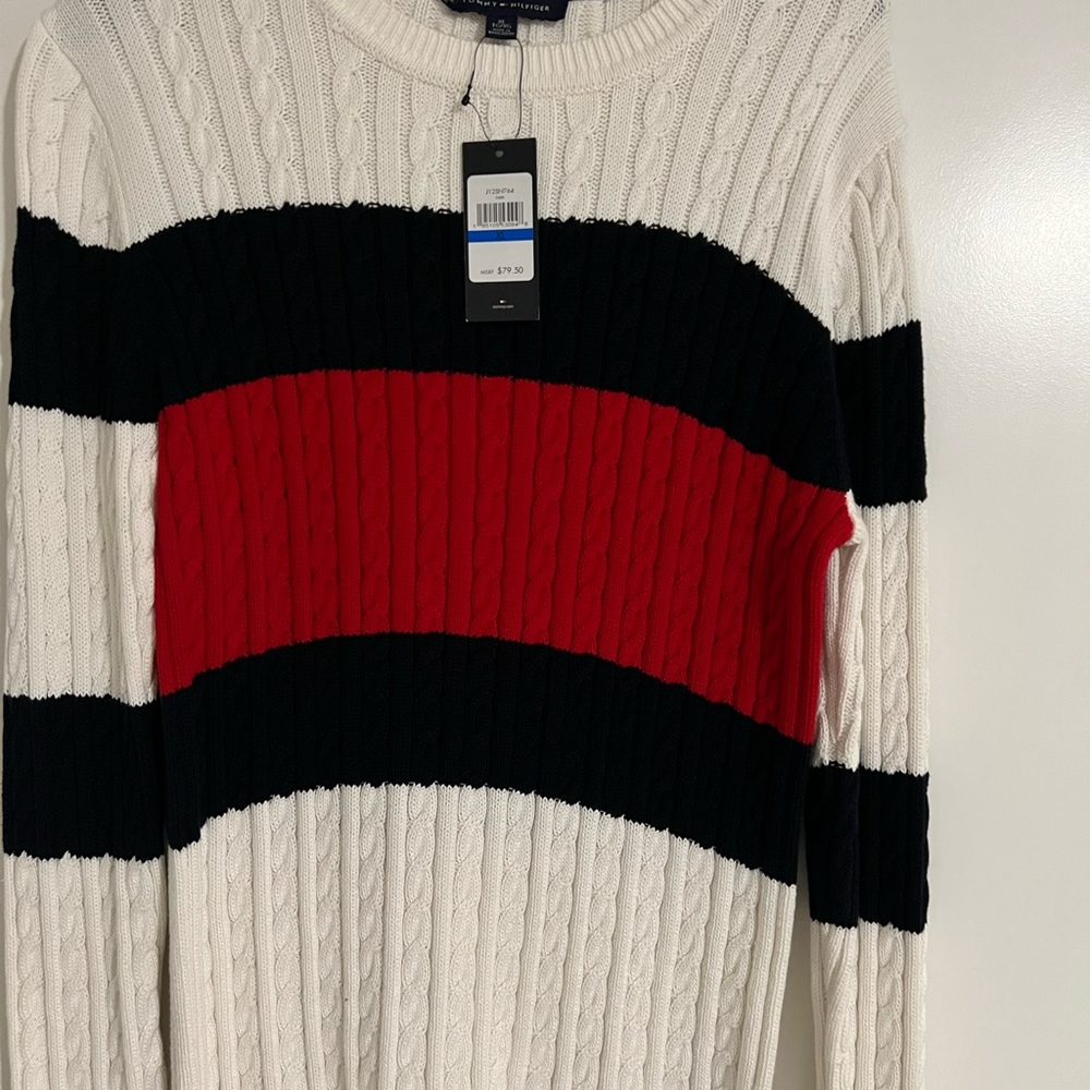 Tommy Hilfiger Red and Blue Off-the-Shoulder Sweater